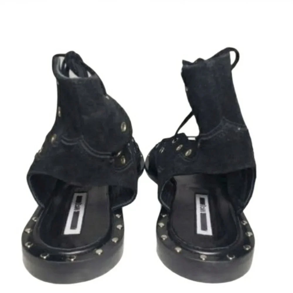 McQ Alexander McQueen Black Open Toe Lace Up Flats - Picture 9 of 12